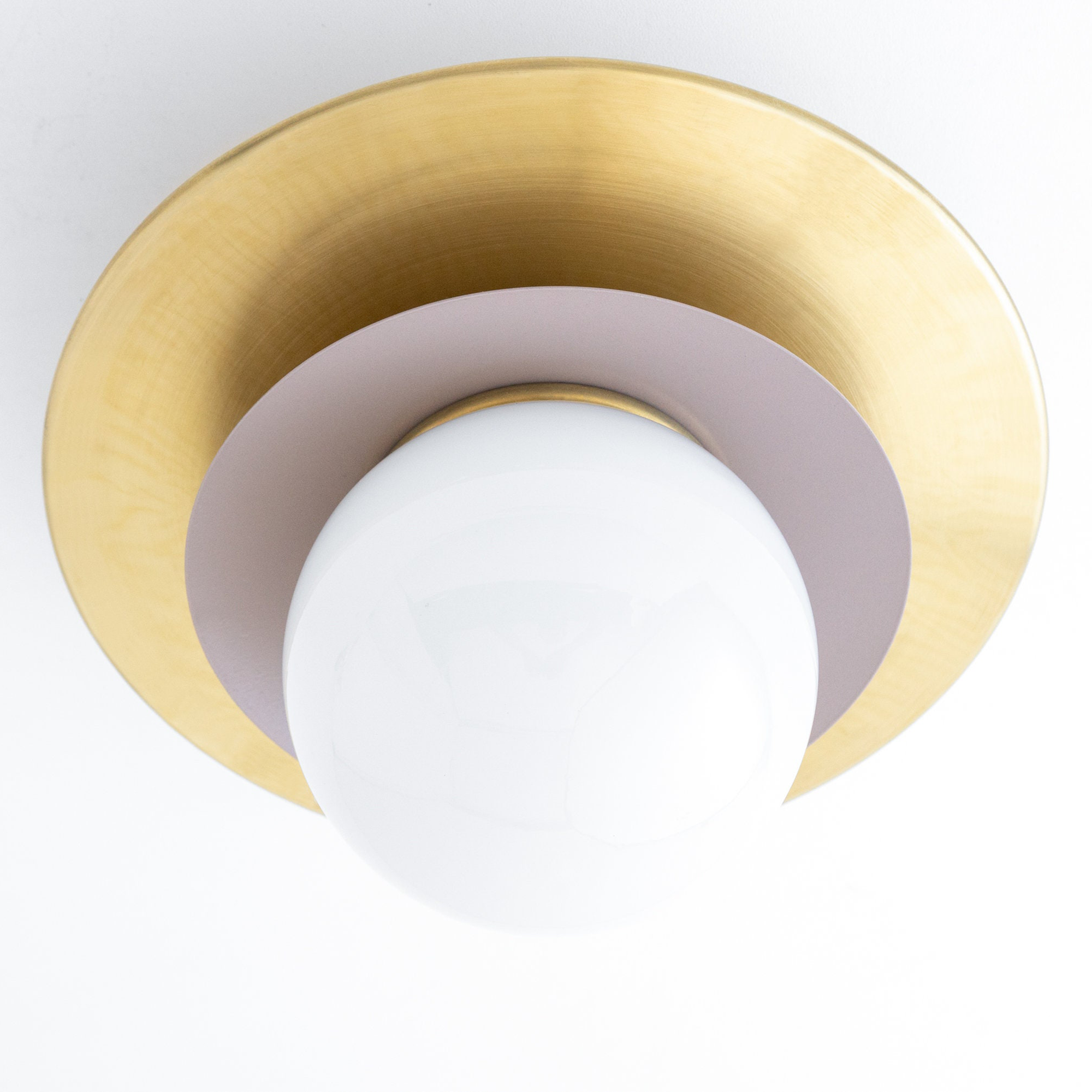 Semi-flush ceiling light with a matte brass circular base and a white glass globe shade. - CEILING LIGHT MODEL NO. 5368