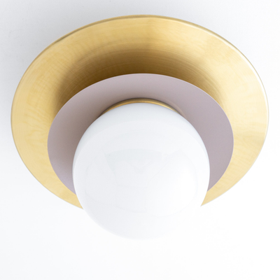Semi-flush ceiling light with a matte brass circular base and a white glass globe shade. - CEILING LIGHT MODEL NO. 5368
