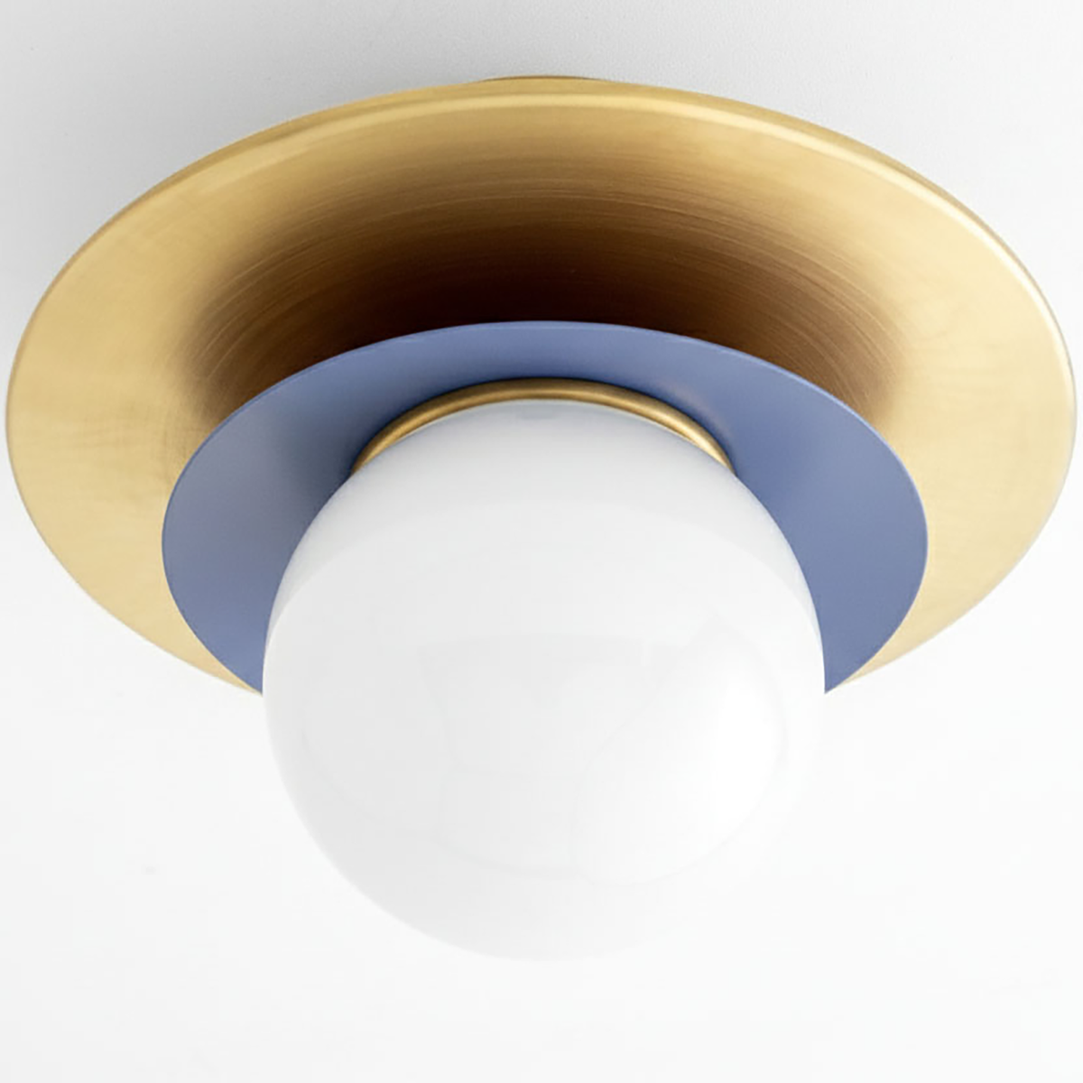 Semi-flush ceiling light with white glass globe, matte black base, and brass-toned circular plate. - CEILING LIGHT MODEL NO. 5368
