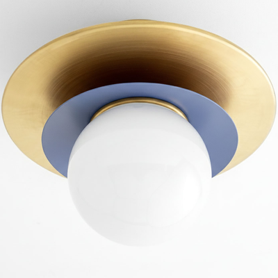 Semi-flush ceiling light with white glass globe, matte black base, and brass-toned circular plate. - CEILING LIGHT MODEL NO. 5368