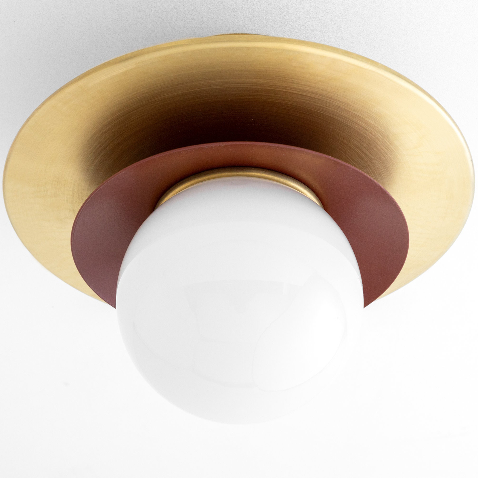 Semi-flush ceiling light with matte brass circular base and white glass globe shade. - CEILING LIGHT MODEL NO. 5368