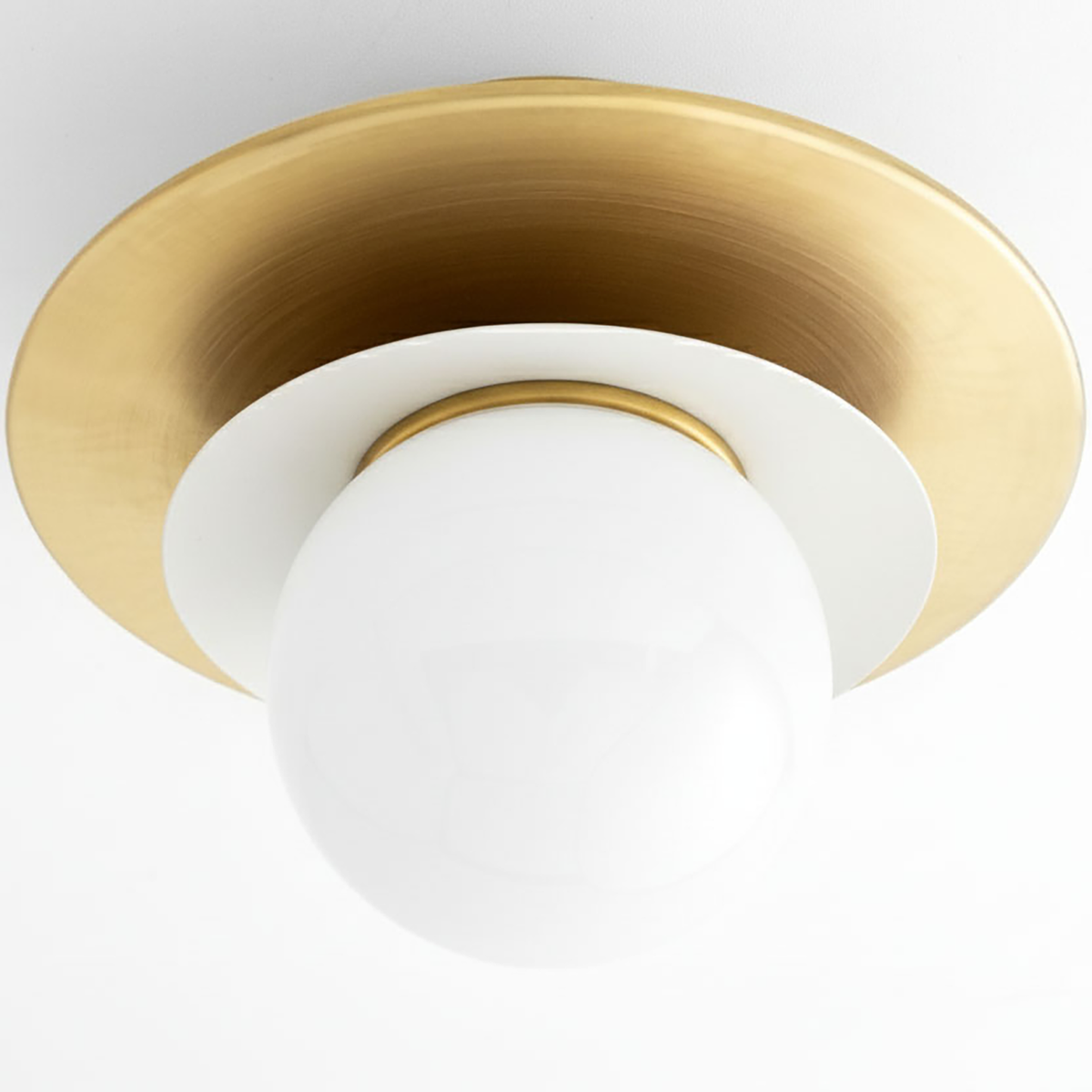 Semi-flush ceiling light with white glass globe and brushed gold metal base, Scandinavian style. - CEILING LIGHT MODEL NO. 5368