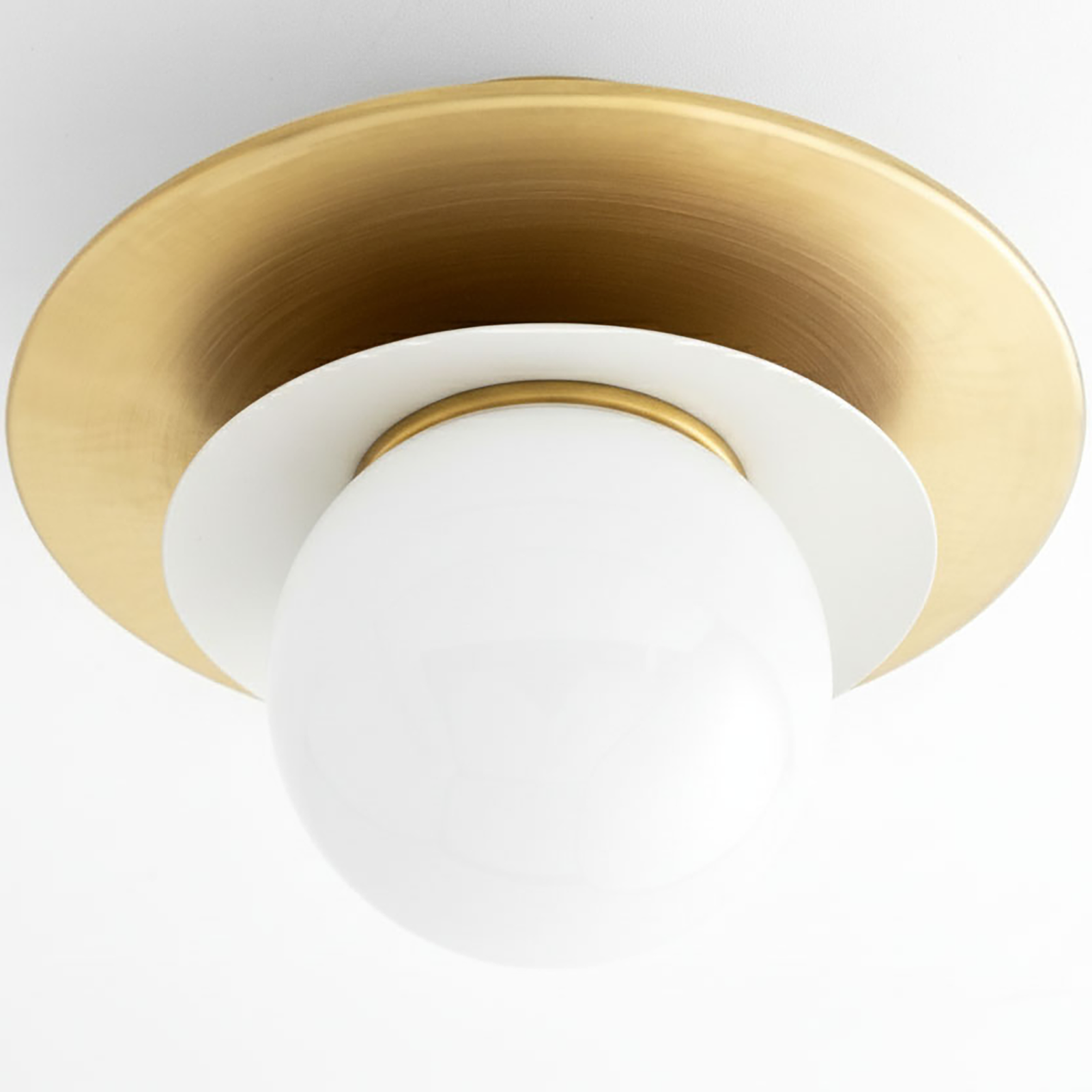 Semi-flush ceiling light with white glass globe and brushed gold metal base, Scandinavian style. - CEILING LIGHT MODEL NO. 5368