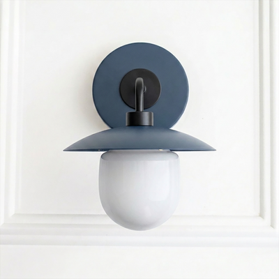 Matte navy blue metal mid-century modern wall sconce with white glass globe shade and round backplate. - SCONCE MODEL NO. 7039