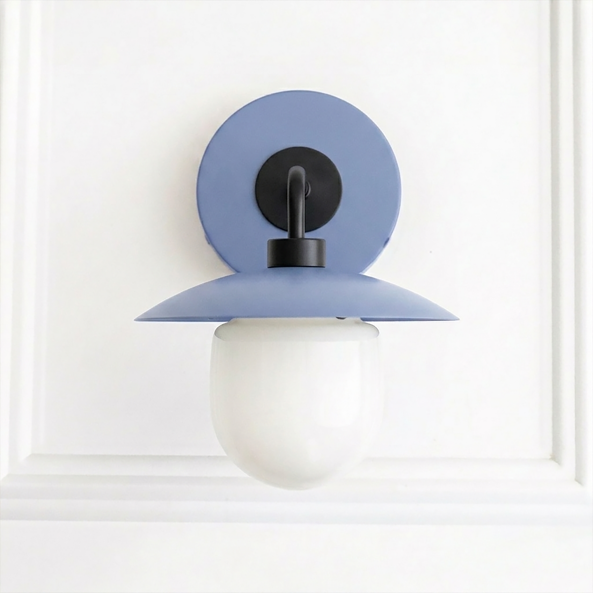 Mid-century modern wall sconce with matte blue metal shade and white glass globe diffuser. - SCONCE MODEL NO. 7039