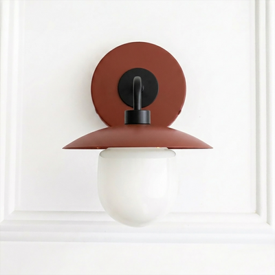 Mid-century modern wall sconce with matte rust metal shade and frosted white glass globe light. - SCONCE MODEL NO. 7039