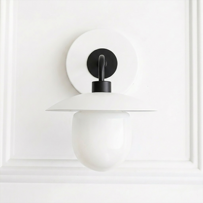 White and black mid-century modern semi-flush wall sconce with a rounded globe shade and flat disc top. - SCONCE MODEL NO. 7039