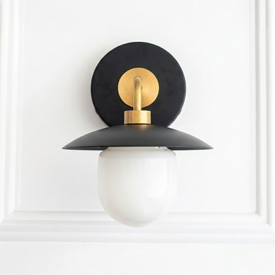 Mid-century modern black and brass semi-flush wall sconce with white globe shade. - SCONCE MODEL NO. 7039