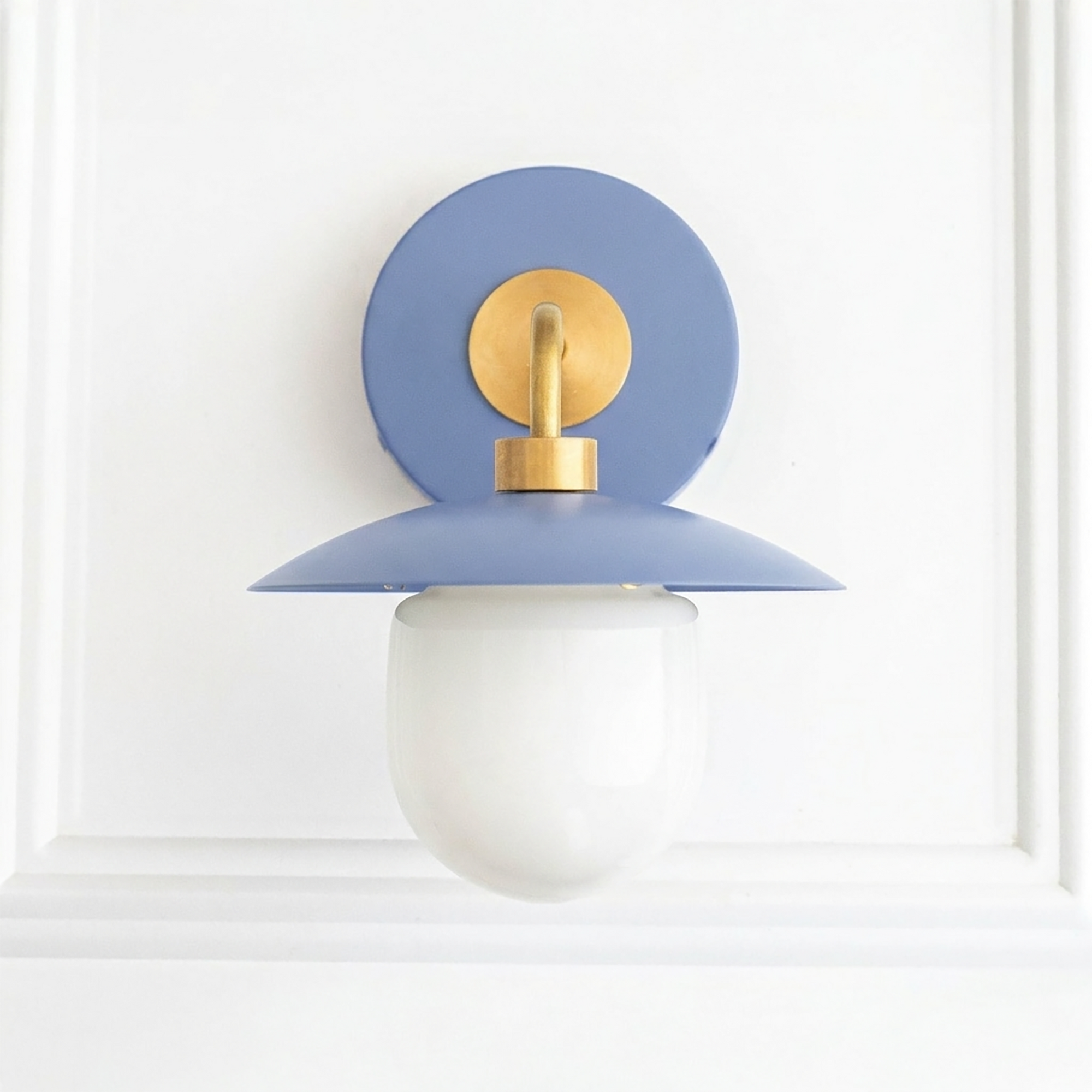 Mid-century modern wall sconce with matte blue metal shade, brass accents, and white glass globe light. - SCONCE MODEL NO. 7039