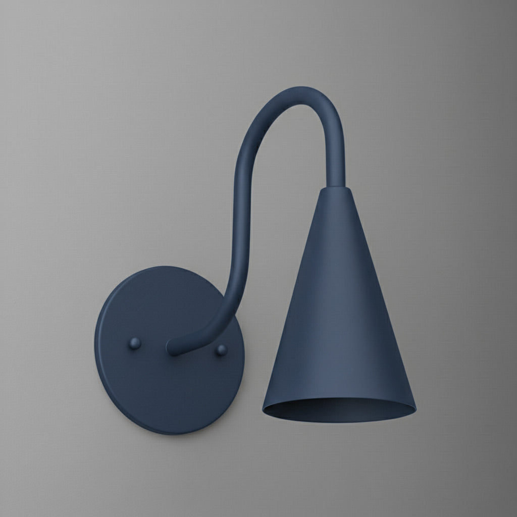 Matte navy blue metal wall sconce with curved arm and conical shade. - SCONCE MODEL NO. 3021