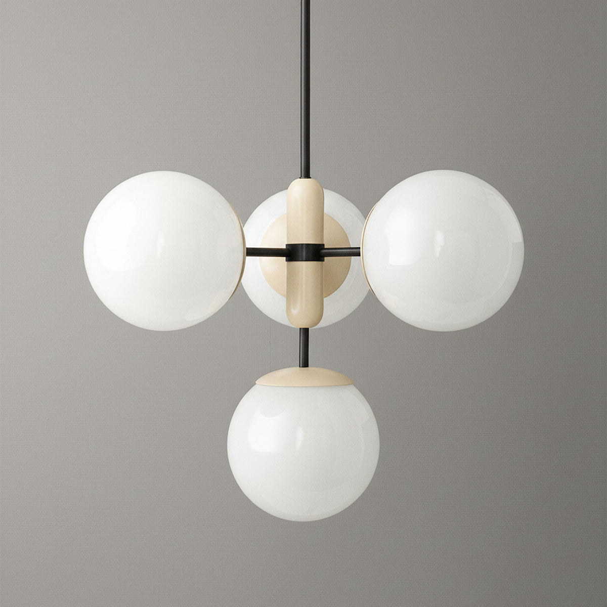 Art Deco chandelier with three white glass globes and black metal frame. - CHANDELIER MODEL NO. 4321