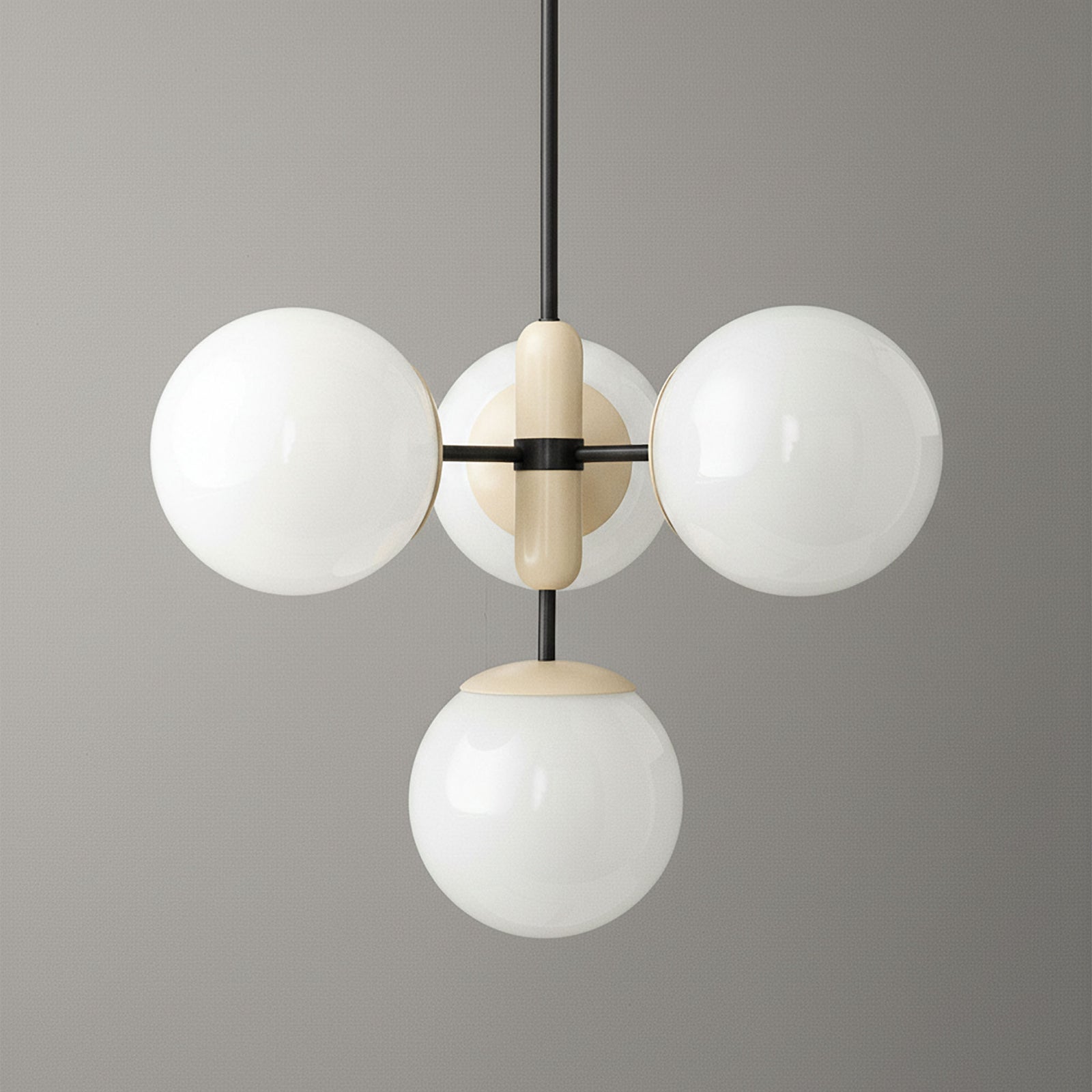 Art Deco chandelier with three white glass globes and black metal frame. - CHANDELIER MODEL NO. 4321