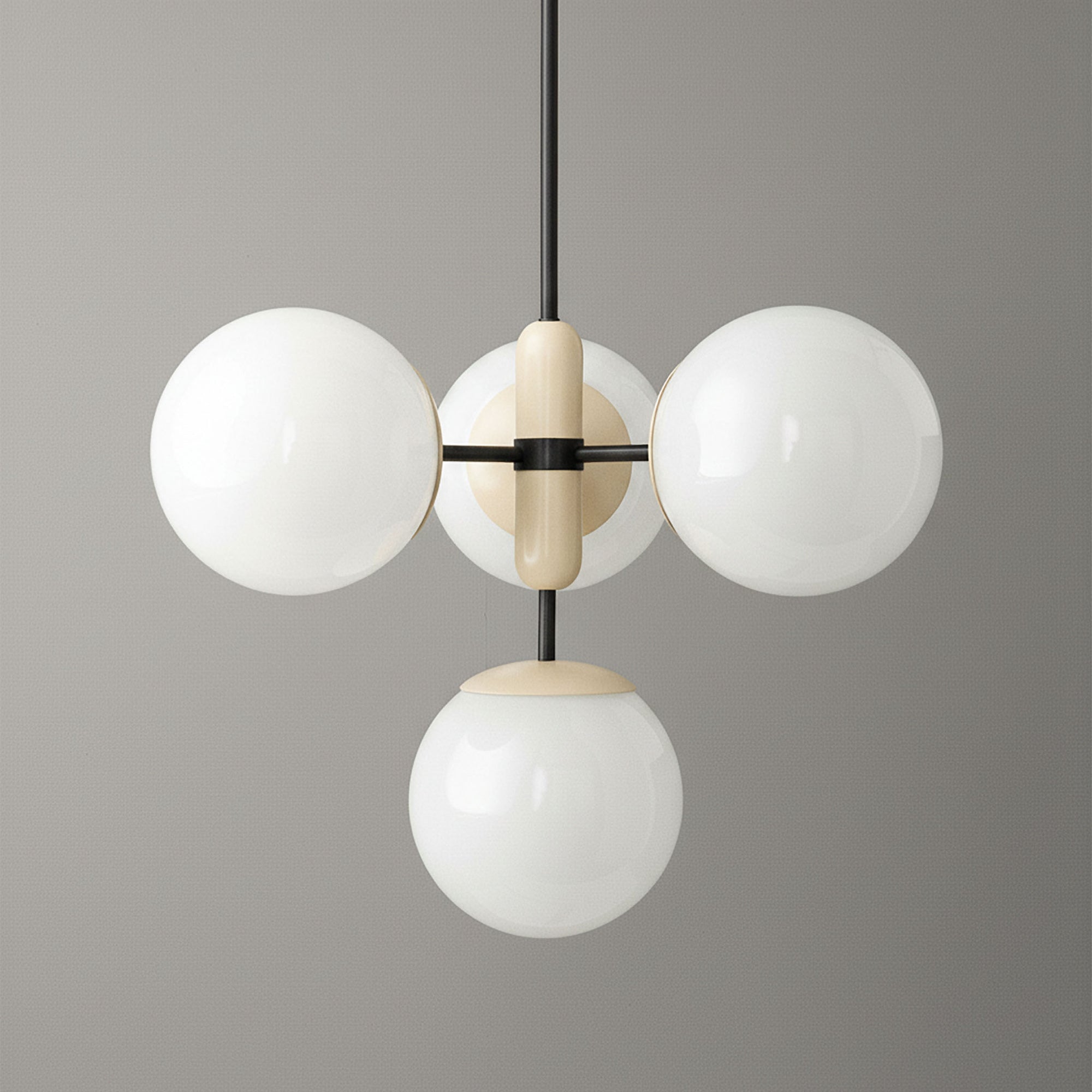 Art Deco chandelier with three white glass globes and black metal frame. - CHANDELIER MODEL NO. 4321