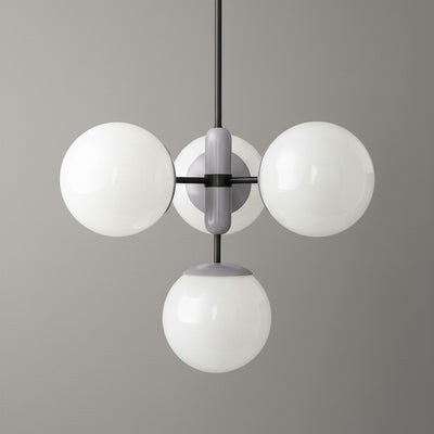 Art Deco chandelier with three white glass globes on black metal rods and central gray fixture. - CHANDELIER MODEL NO. 4321