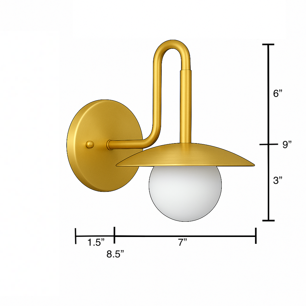 Gold metal wall sconce with round backplate, dome-shaped shade, and frosted globe bulb. - SCONCE MODEL NO. 1013