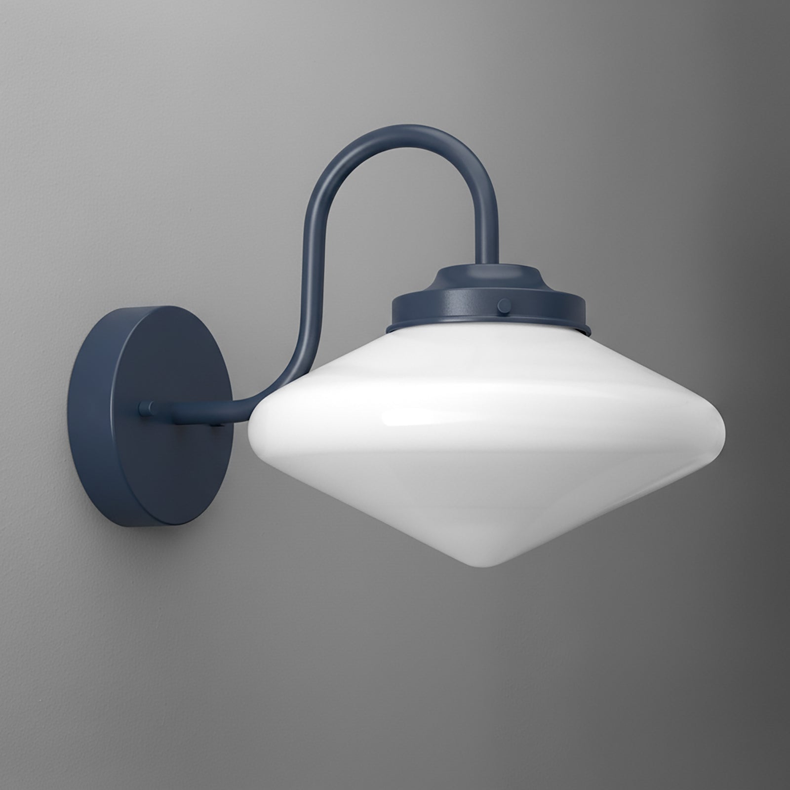 Matte black metal wall sconce with curved arm and white inverted cone glass shade. - SCONCE MODEL NO. 1019