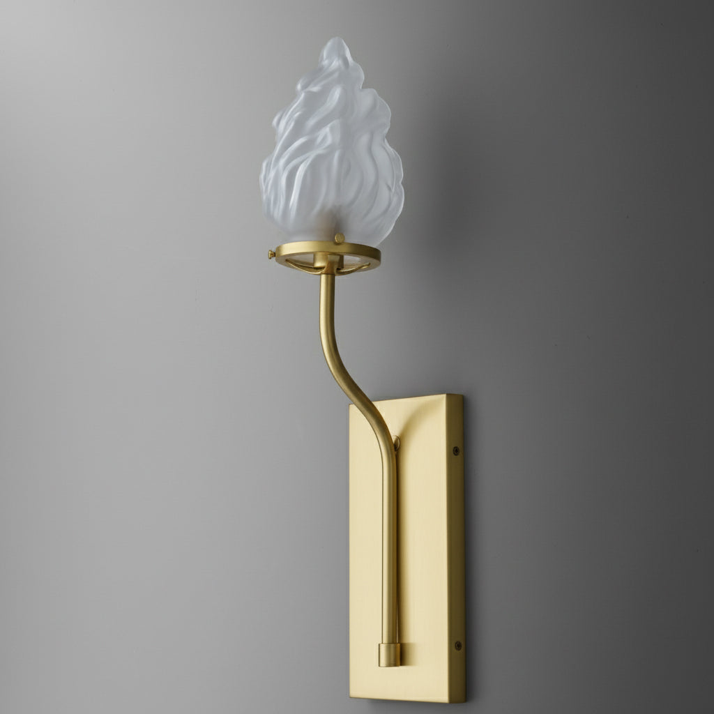Brushed brass wall sconce with curved arm and frosted glass flame-shaped shade. - SCONCE MODEL NO. 7420