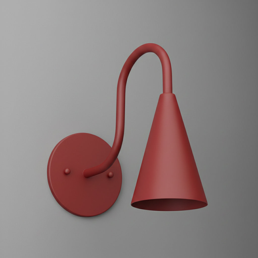 Matte red metal wall sconce with conical shade and curved arm mounting on round backplate. - SCONCE MODEL NO. 3021