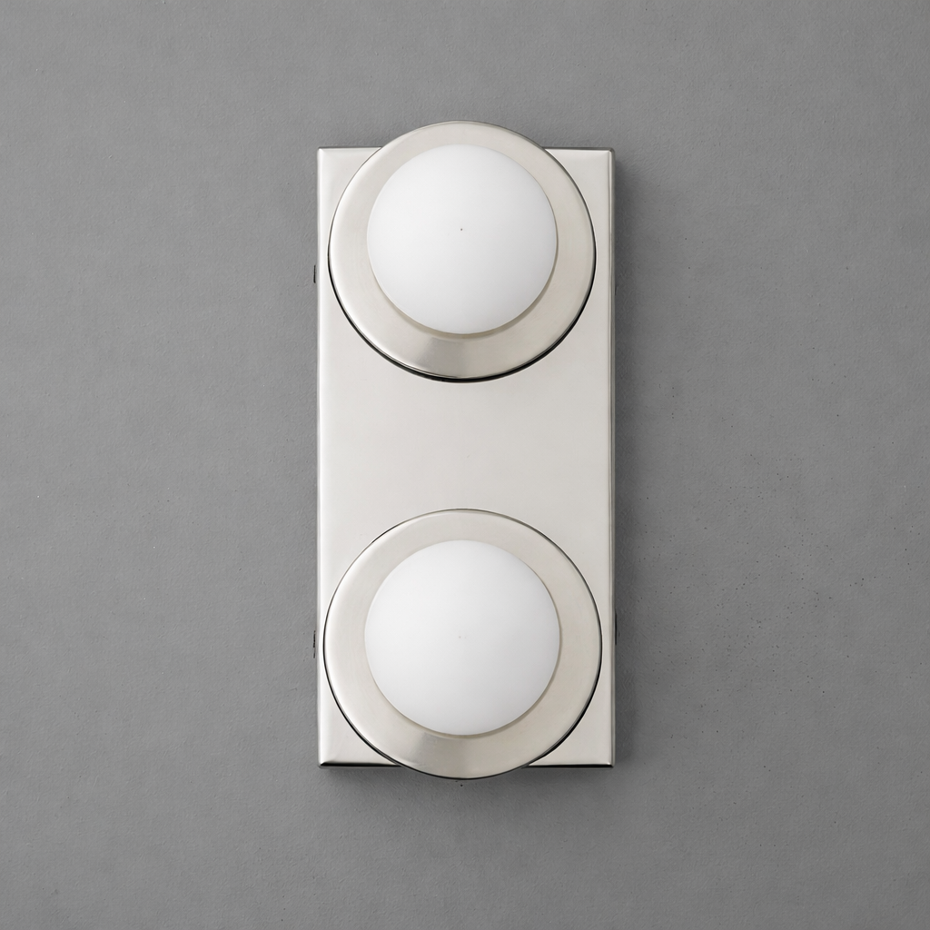 Two-light sconce in Polished Nickel with round plates and opal glass globes on a tall rectangular backplate. - SCONCE MODEL NO. 8828