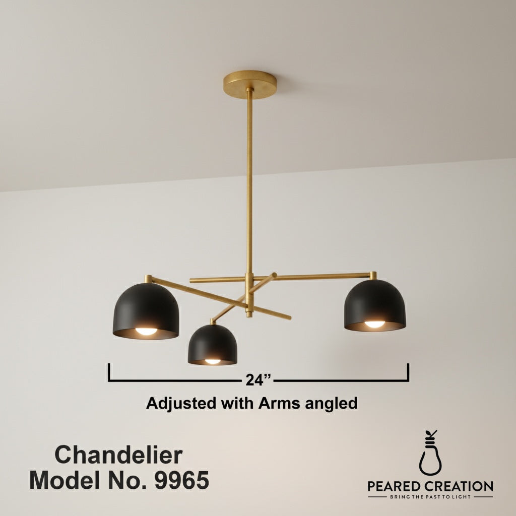 Brass three-light chandelier with adjustable angled arms and black dome shades, suspended from a ceiling canopy. - SCONCE MODEL NO. 9965