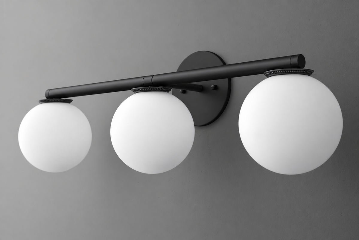 Matte black metal 3-bulb vanity light with round white frosted glass shades. - VANITY LIGHT MODEL NO. 1158