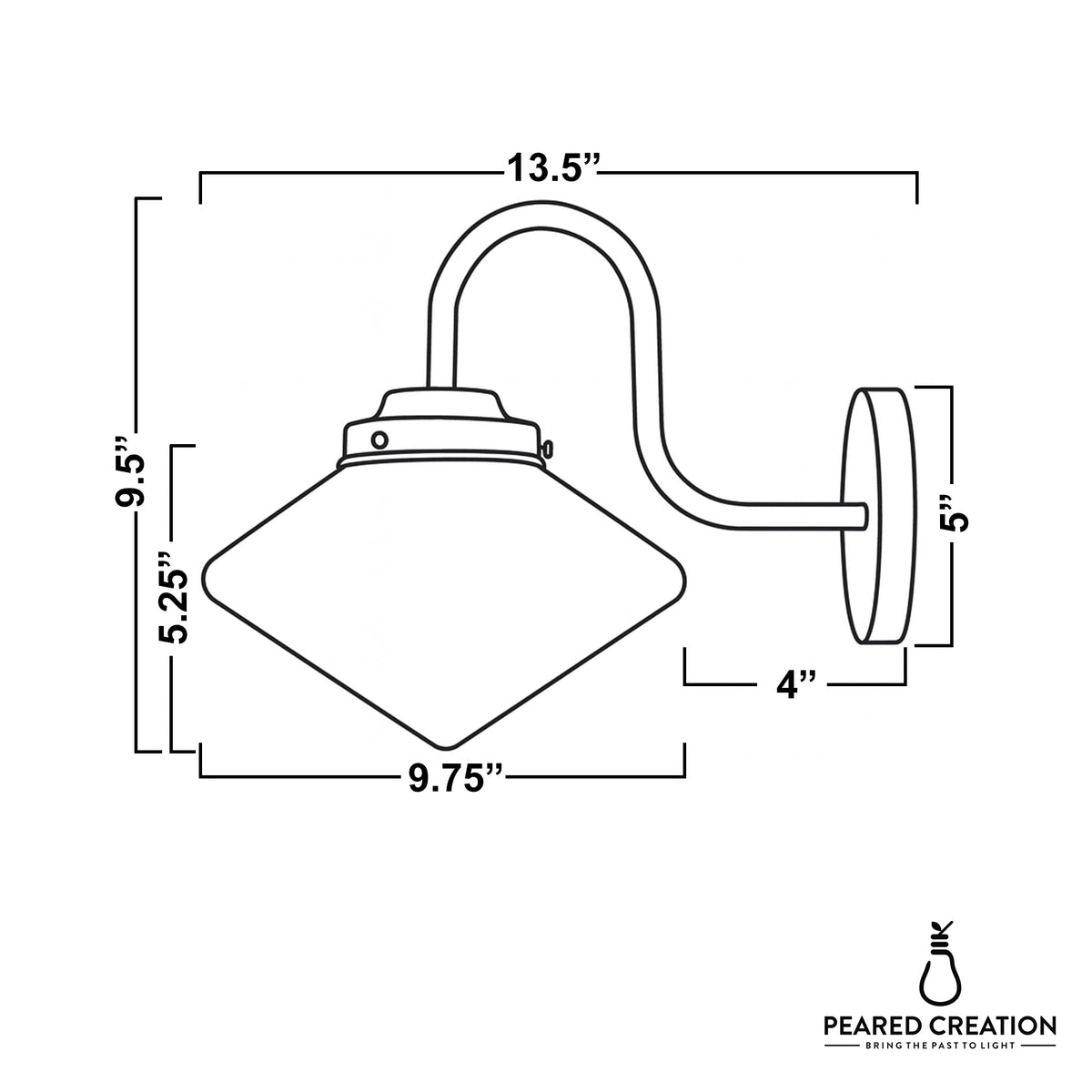 Black metal wall sconce with curved arm and wide, downward-facing conical shade with dimensions labeled. - SCONCE MODEL NO. 1021