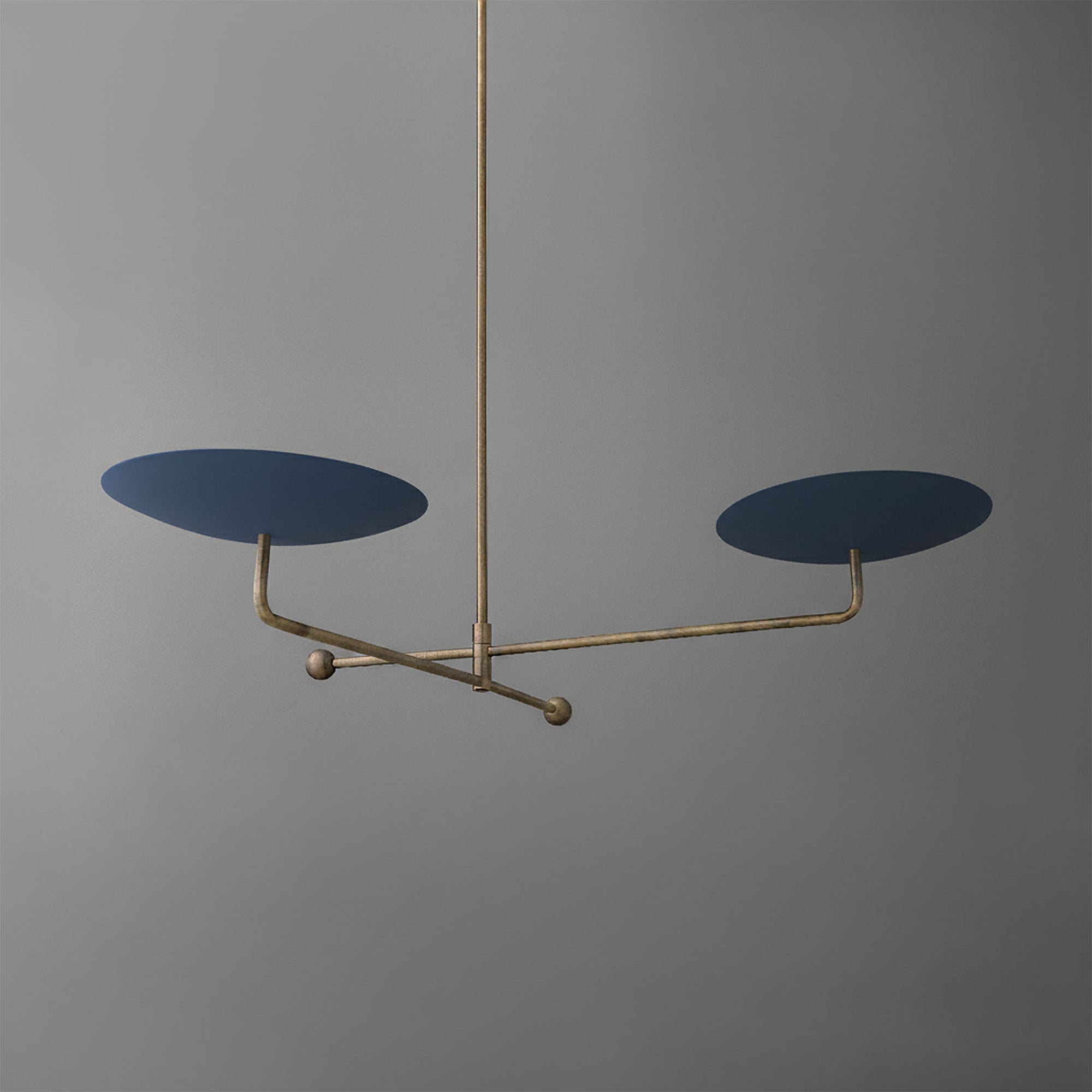 Modern chandelier with two horizontal brass arms supporting flat, round navy blue discs. - CHANDELIER MODEL NO. 0680