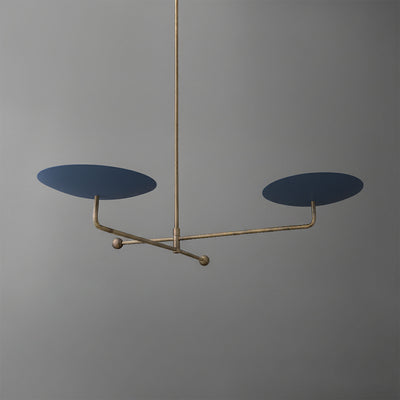 Modern chandelier with two horizontal brass arms supporting flat, round navy blue discs. - CHANDELIER MODEL NO. 0680