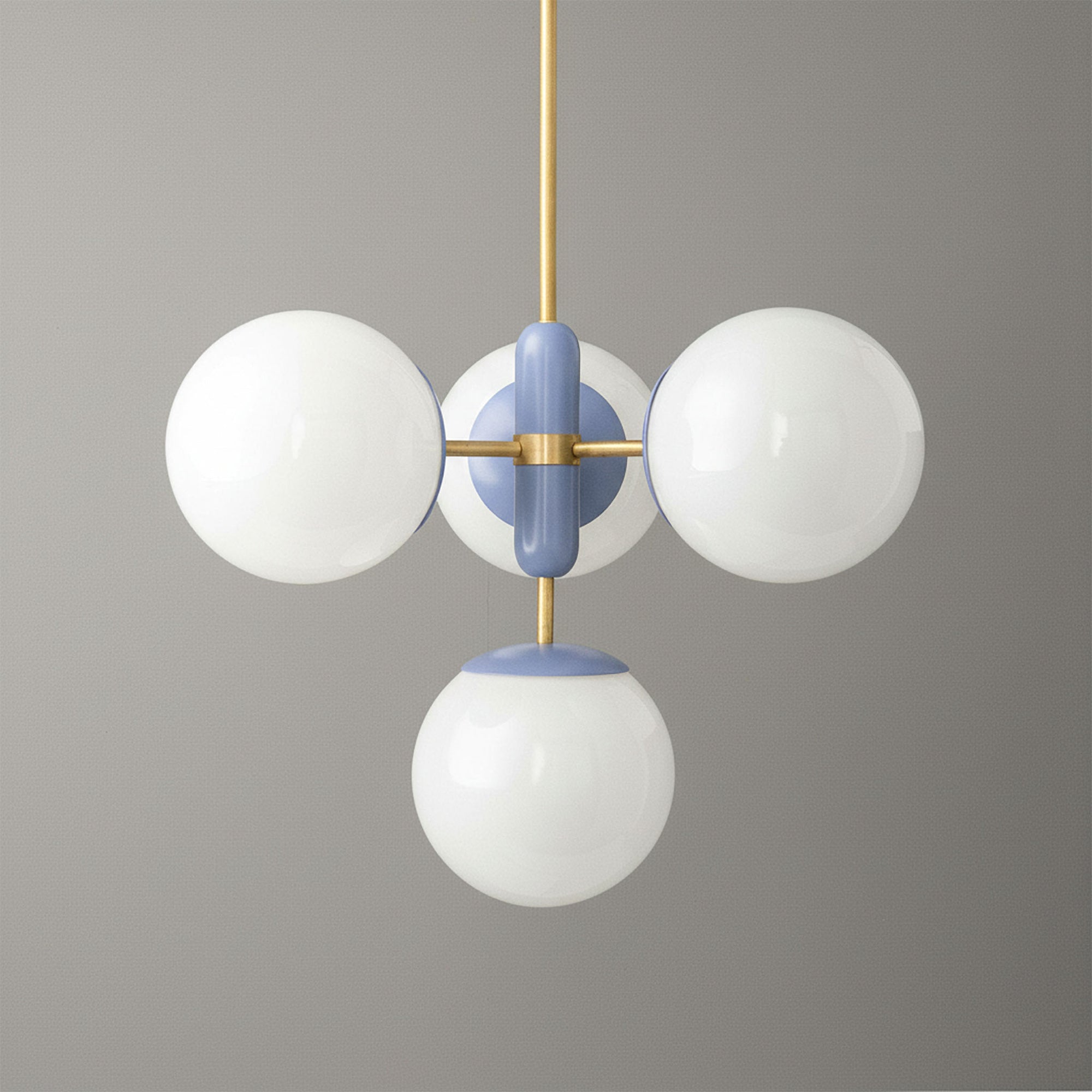 Art Deco chandelier with three white glass globes and pastel blue and gold metal accents. - CHANDELIER MODEL NO. 4321