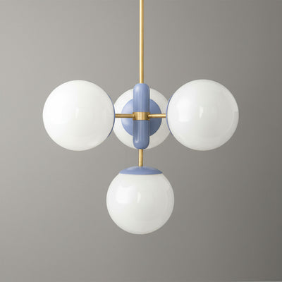 Art Deco chandelier with three white glass globes and pastel blue and gold metal accents. - CHANDELIER MODEL NO. 4321