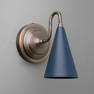Wall-mounted sconce with antique brass finish arm and matte navy blue conical shade. - Sconce Model No. 6790