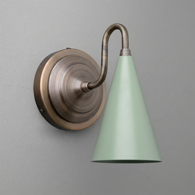 Wall-mounted sconce with aged brass finish and mint green conical metal shade, up/down light design. - Sconce Model No. 6790