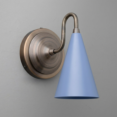 Wall-mounted sconce with brushed bronze round base and curved arm holding a matte light blue conical shade. - Sconce Model No. 6790