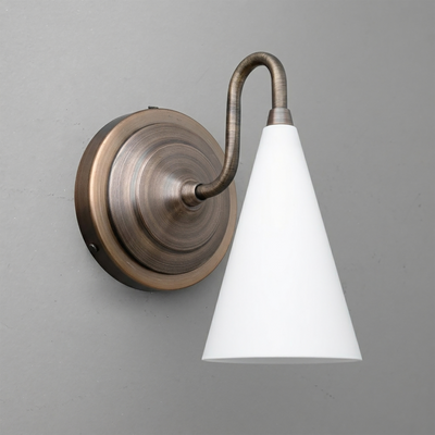 Bronze-finish wall sconce with curved arm and white conical glass shade pointing downward. - Sconce Model No. 6790