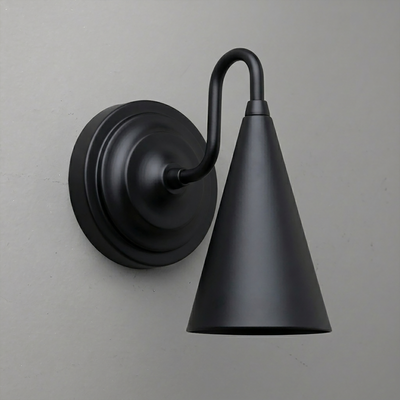 Matte black metal wall sconce with round base and downward-flared cone shade. - Sconce Model No. 6790