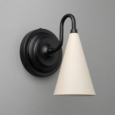 Black metal wall sconce with curved arm and cone-shaped white fabric shade directing light up and down. - Sconce Model No. 6790