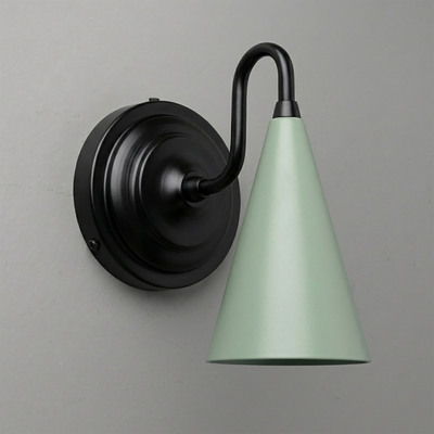 Black metal wall sconce with curved arm and mint green cone-shaped shade. - Sconce Model No. 6790