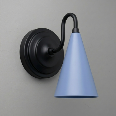 Black metal wall sconce with round base and smooth curved arm holding a matte blue cone-shaped shade. - Sconce Model No. 6790