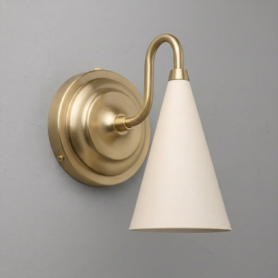 Brushed brass wall sconce with round mount and white conical shade directing light up and down. - Sconce Model No. 6790