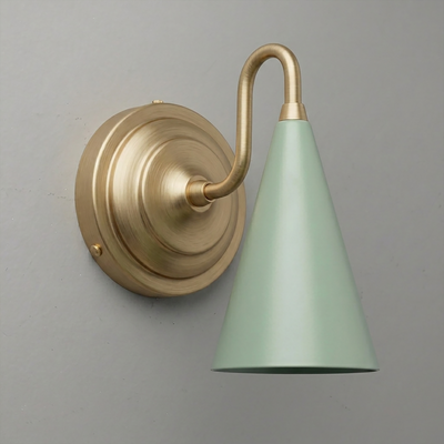 Brushed brass wall sconce with a curved arm and matte light green cone-shaped shade. - Sconce Model No. 6790