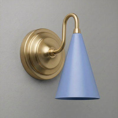 Brushed brass wall sconce with a curved arm and a matte blue conical shade pointing downwards. - Sconce Model No. 6790