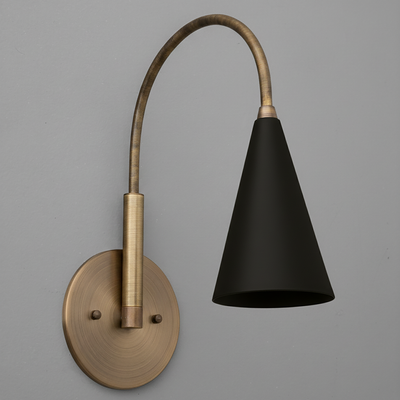 Brushed brass wall sconce with curved arm and matte black conical shade. - SCONCE MODEL NO. 1309
