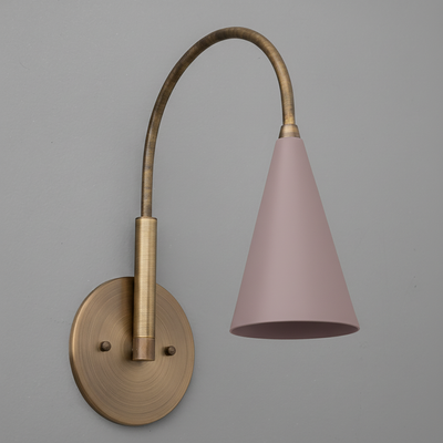 Brushed brass wall sconce with curved arm and matte mauve conical shade. - SCONCE MODEL NO. 1309