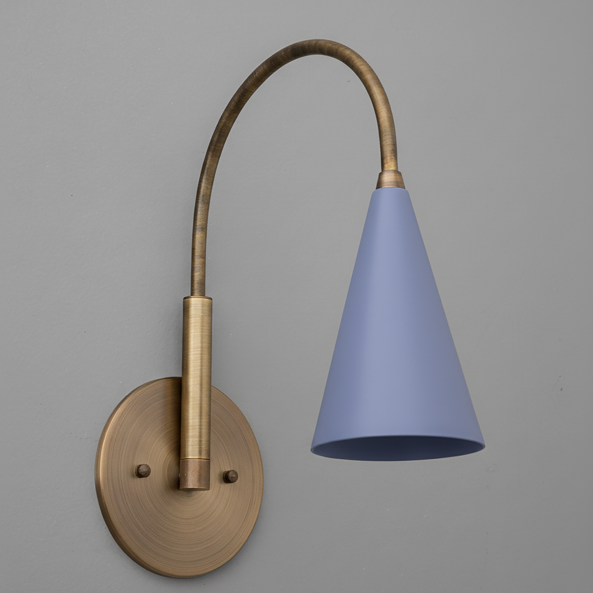 Brushed brass wall sconce with curved arm and matte blue conical shade. - SCONCE MODEL NO. 1309