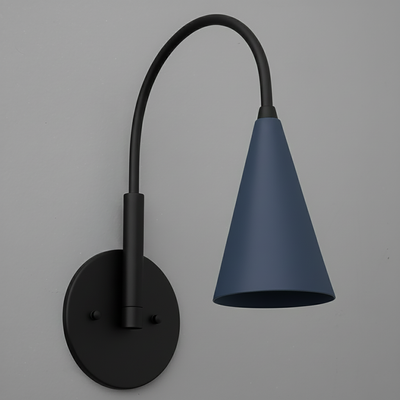 Matte black metal sconce with a curved arm and a conical navy blue shade. - SCONCE MODEL NO. 1309