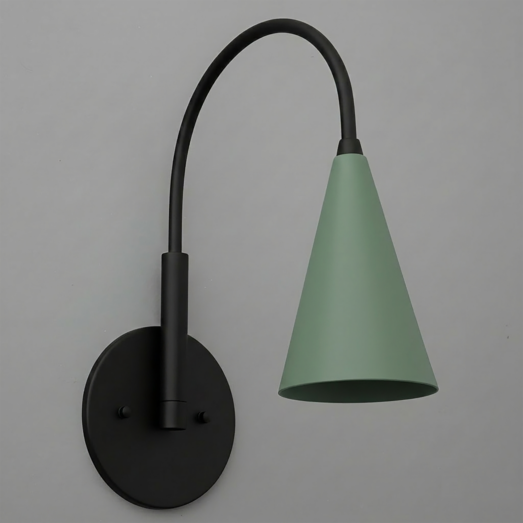 Matte black metal wall sconce with a curved arm and green conical shade. - SCONCE MODEL NO. 1309