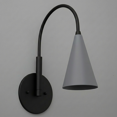 Black metal wall sconce with curved arm and matte gray conical shade, single bulb design. - SCONCE MODEL NO. 1309