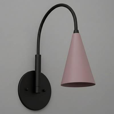 Matte black wall sconce with a curved arm and a pink conical metal shade. - SCONCE MODEL NO. 1309