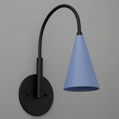Black metal wall sconce with curved arm and matte blue conical shade. - SCONCE MODEL NO. 1309