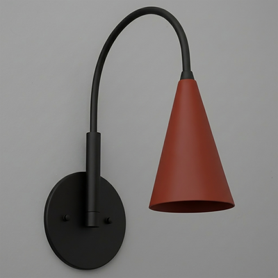 Matte black wall sconce with curved arm and rust-red conical metal shade. - SCONCE MODEL NO. 1309